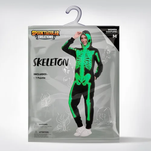 Vista 6 de Spooktacular Creations Pijama de esqueleto, disfraz de esqueleto que brilla en la oscuridad, overol para mujeres adultas para fiesta temática