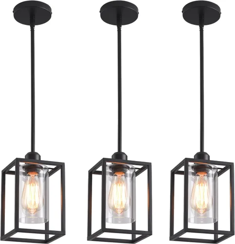 Vista 9 de Luces colgantes negras para isla de cocina, lámpara colgante de farol industrial con pantalla de vidrio transparente, iluminación colgante de altura