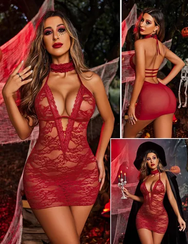 Vista 3 de Avidlove - Lencería para mujer - Camisónvestido de encaje babydoll con cuello halter estilo Teddy