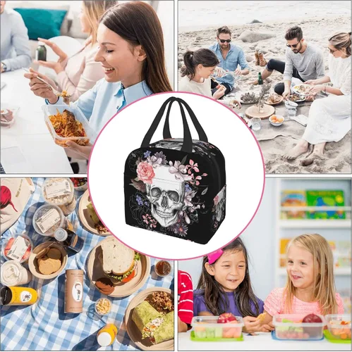 Vista 7 de Bolsa de almuerzo con diseño de calavera de azúcar, con diseño de calavera floral, regalo para mujeres y hombres, bolsas Teto para el trabajo