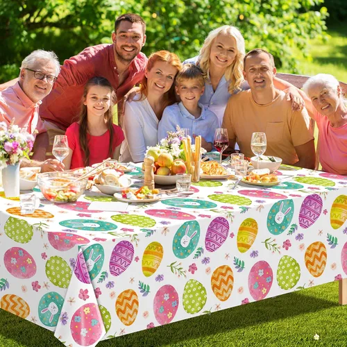 Vista 6 de Ragnhild Paquete de 3 manteles de Pascua, decoración de fiesta, mantel de plástico con huevos de Pascua, conejo, decoración de mesa, mantel