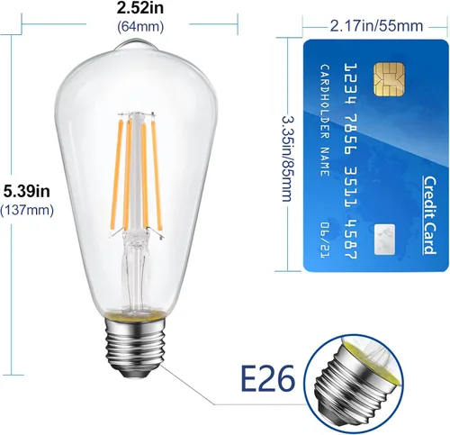 Vista 2 de Paquete de 6 bombillas LED Edison vintage, equivalente a 60 vatios, (ST19/ST64) bombillas de filamento LED, CRI 95+, luz blanca suave de 2700K,