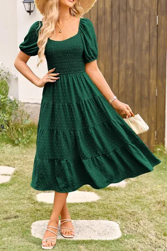 Vista 8 de PRETTYGARDEN Vestido midi casual de verano para mujer, manga abombada, lunares suizos, vestidos largos acampanados