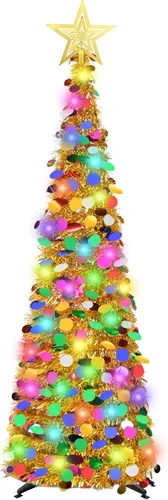 Vista 7 de Árbol de Navidad de escarcha desplegable de 1.5 m con 50 luces LED y control remoto, con estrella en la parte superior, fácil de montar con soporte