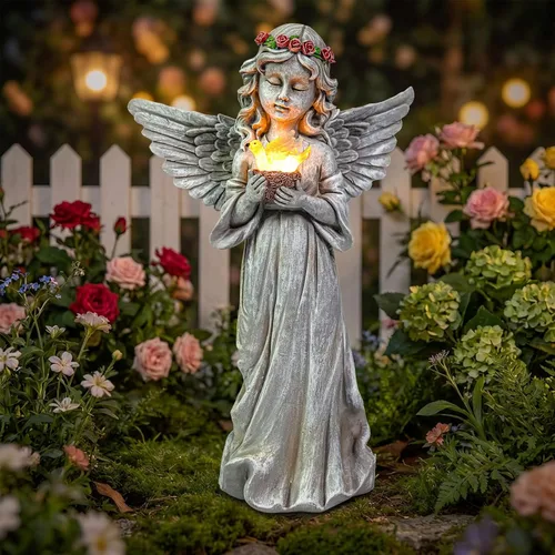 Vista 8 de Figura de ángel, grandes estatuas de jardín de ángel para exteriores con luces LED solares de mariposa, decoración de césped, adorno escultórico