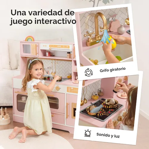 Vista 3 de Cocina de Juguete de Madera Rosa para Niños - Electrodomésticos Realistas, Almacenamiento y 15 Accesorios Divertidos para Inspirar