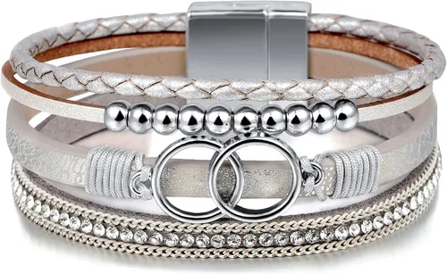 Vista 38 de Fesciory - Pulsera de leopardo para mujer, estilo bohemio de cuero multicapa con perlas de cristal