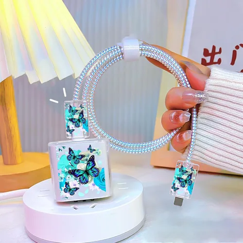 Vista 6 de Bonito protector de cable para cargador de Apple, bonito diseño de flores y mariposas, cable de datos USB, protector de cargador de teléfono