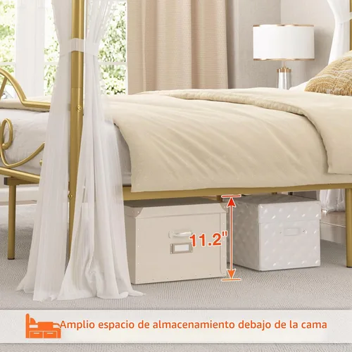 Vista 6 de Weehom - Base de cama con dosel tamaño queen con cabecera y estribo, base de colchón de plataforma metálica con cuatro postes, almacenamiento debajo