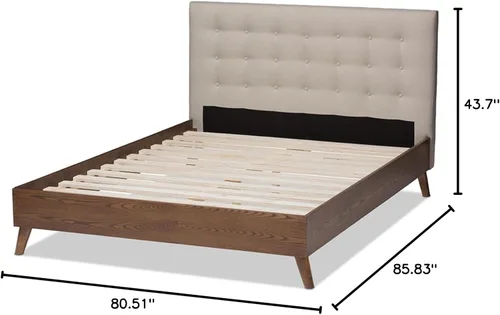 Vista 2 de Baxton Studio Alinia Mid-Century - Cama de plataforma tapizada de madera de nogal, tamaño King, color beige claro