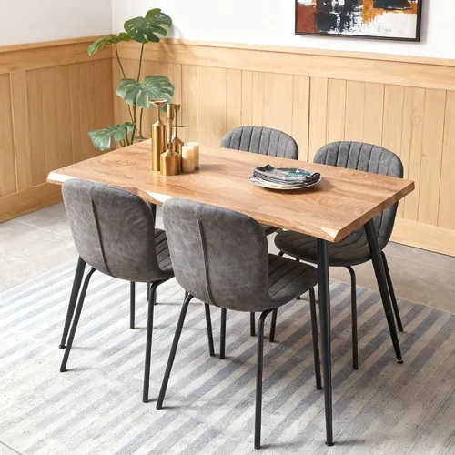 Vista 10 de Juego de 4 mesas de comedor para 4 personas con sillas blancas Boucle, mesa de centro rectangular moderna de mediados de siglo, mesa de cocina