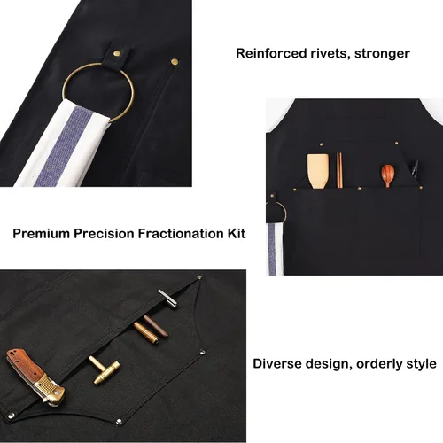 Vista 6 de Delantal de chef de lona, delantal con espalda cruzada para hombres y mujeres con correas ajustables, lazo de metal y bolsillos grandes, color negro