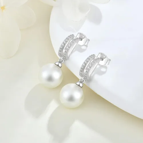 Vista 4 de Pendientes de perlas de plata de ley 925 para mujer, pendientes colgantes con joyas
