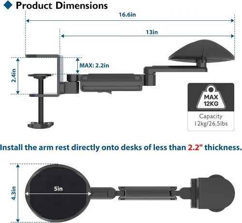 Vista 3 de BONTEC Reposabrazos ajustable para escritorio, almohadilla ergonómica para codo, soporte de brazo de escritorio giratorio de 360° y extensible
