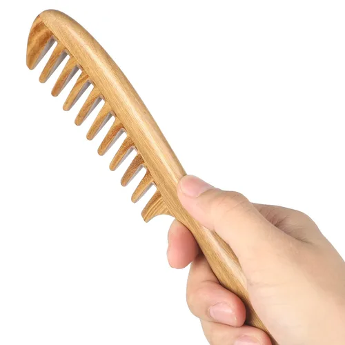 Vista 6 de Onedor Peines de pelo de sándalo verde 100% natural, hechos a mano, con aroma a sándalo antiestático, peine de madera natural desenredante