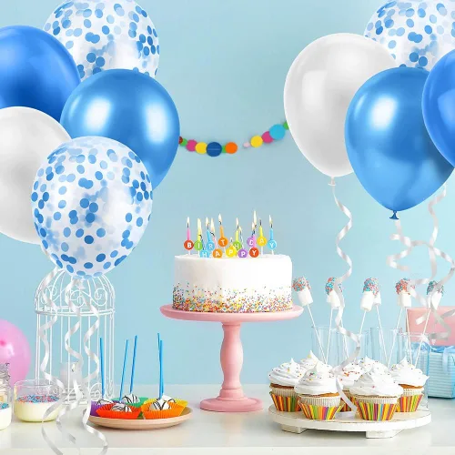 Vista 5 de Ainiv 15 globos de fiesta gruesos azules con cinta y confeti, globos metálicos de látex para baby showers, bodas, graduaciones y cumpleaños