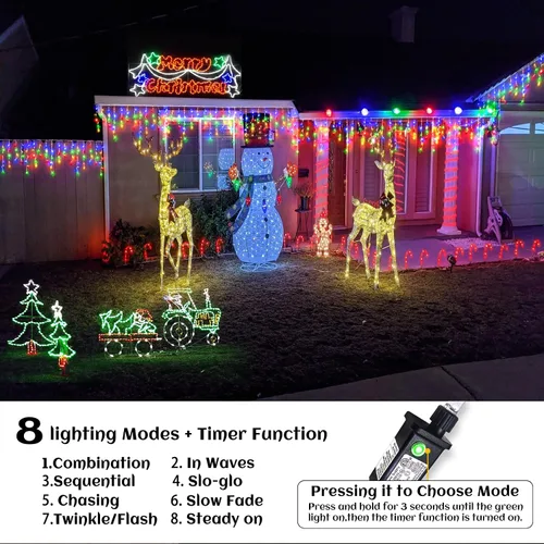 Vista 2 de Luces de carámbano, luces de Navidad de 33 pies con 400 LED, 75 caídas, 8 modos, enchufable e impermeable, para festividades, boda, fiesta, hogar