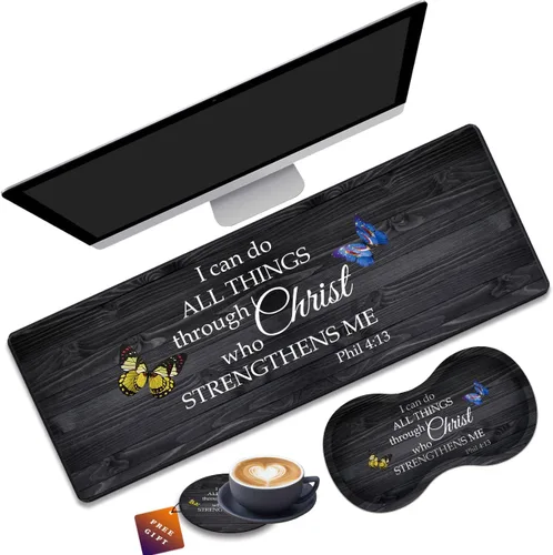 Vista 27 de Alfombrilla de mouse grande para juegos + reposamuñecas + posavasos combinados, 31.5 x 11.8 pulgadas, tapete de extensión antideslizante duradero