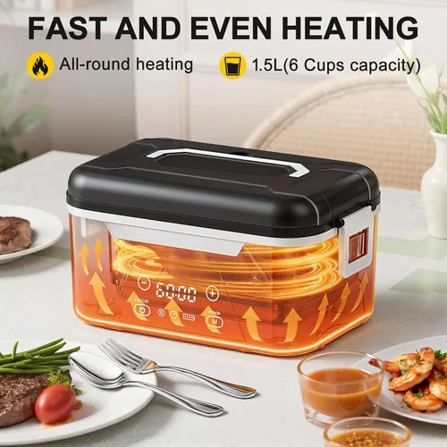 Vista 3 de Cordless Heated Lunch Box For Adults, 1.5L (6 Cups) Rechargeable Electric Lunch Box Battery Powered With Scheduled Heating, Automatic
