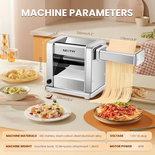 Vista 2 de NEWTRY Máquina eléctrica para hacer pasta familiar, máquina para hacer fideos, rodillo de masa, cortador de prensa con 3 accesorios de cuchilla