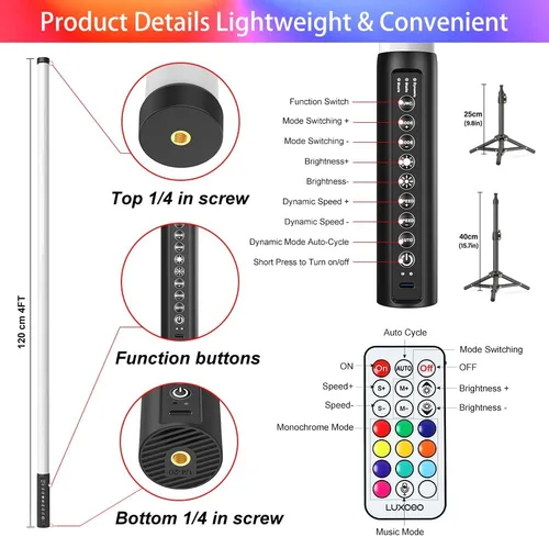 Vista 6 de Paquete de 4 tubos de luz portátiles de 4 pies de 47.2 in de mano LED RGB con trípodes, 500 efectos vívidos para video y fotografía, pintura ligera