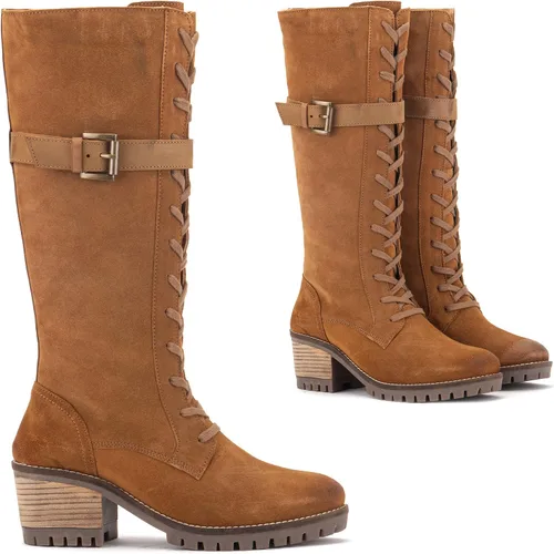 Vista 2 de Vintage Foundry Co. Women's Naomi Handmade Mid Calf Boots w Adjustable Single Strap Laces Full Side Zipper Lug Sole Platform Casual Motorcycle