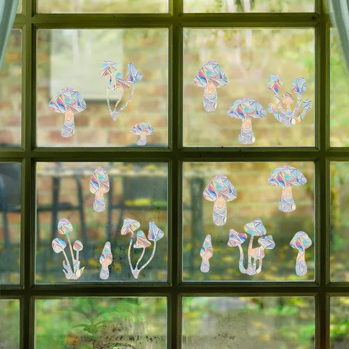 Vista 5 de Adhesivo para ventana de arco iris, 22 piezas de PVC con forma de hongo y arco iris, calcomanías estáticas para evitar golpes de pájaros