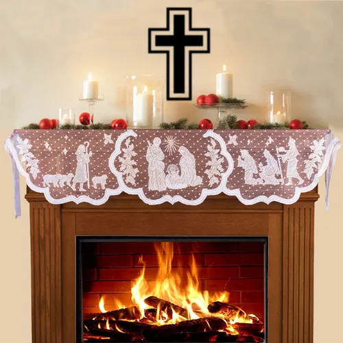 Vista 6 de Bufanda de Navidad para chimenea, cubierta de manto de pesebre de encaje blanco, guirnalda para decoración del hogar de vacaciones, sala de estar
