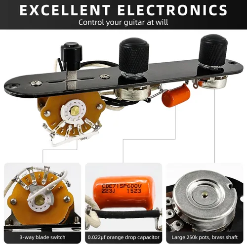 Vista 4 de Placa de control de guitarra totalmente cargada, interruptor de 3 vías precableado, 250 K, grandes potenciómetros moleteados, controles de tono
