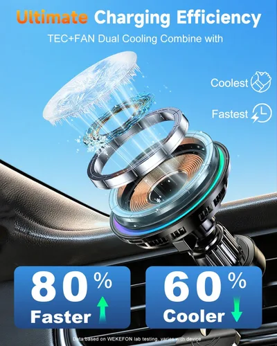 Vista 2 de Para Qi2 Cargador de Montaje de Coche MagSafe de 15W con Luz RGB, Soporte Magnético Inalámbrico de Enfriamiento por Hielo para Teléfono, Carga
