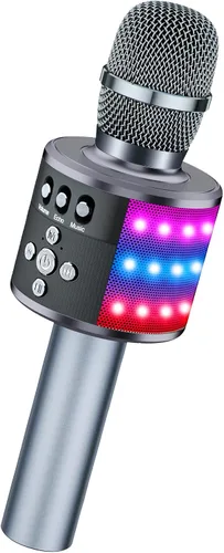 Vista 13 de Micrófono de karaoke BONAOK para niños y adultos - micrófonos Bluetooth con luces de disco, efecto eco, altavoz incorporado, reproductor de karaoke