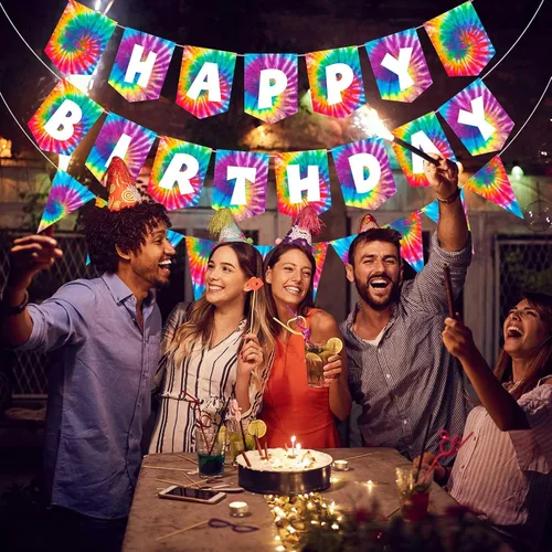 Vista 5 de Tenare 15 banderines de teñido anudado para fiesta de feliz cumpleaños, banderín y temática hippie de los años 60, decoración de remolinos