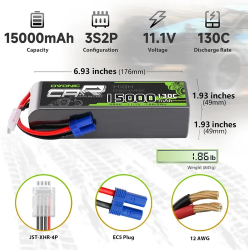 Vista 2 de OVONIC 3S LiPo Batería 15000mAh 11.1V 130C RC Batería con conector EC5 (paquete de 2)