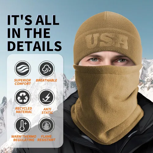Vista 2 de Juego de 2 polainas de forro polar cálido, estampado en relieve del ejército de Estados Unidos, equipo militar de invierno, gorro de calavera