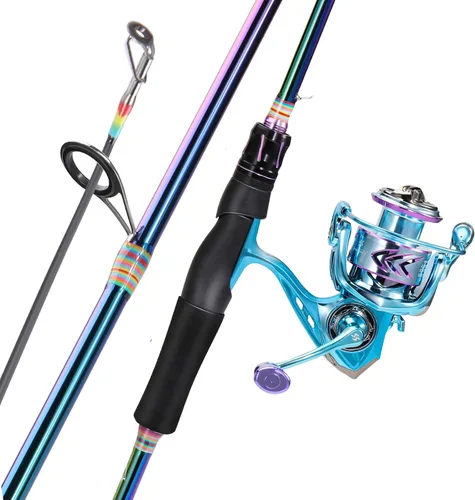 Vista 9 de Sougayilang Combo de caña de pescar giratoria, dos piezas de caña de pescar colorida Poratble de peso ligero con potente equipo de pesca para pesca