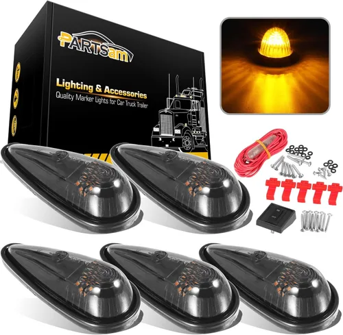 Vista 8 de Partsam Luz de cabina ámbar con forma de lágrima, 9 LED, 5 unidades, luz delantera y trasera superior para techo con paquete de cableado para Lente
