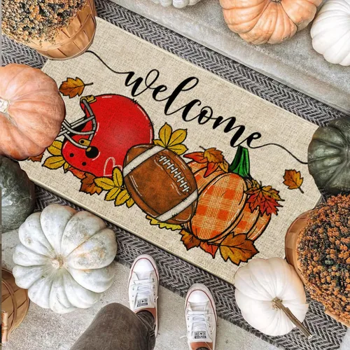Vista 2 de Baccessor Tapete de fútbol de otoño para interiores y exteriores, diseño de calabaza, otoño, deportes, día de juego, bienvenida, puerta delantera