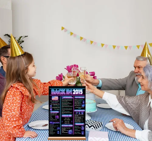 Vista 5 de Decoración de fiesta de cumpleaños número 10 para niño, póster de decoración de cumpleaños de neón en 2015, letrero de mesa acrílico, suministros