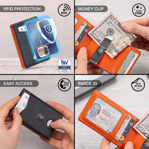 Vista 4 de Billetera con clip para dinero para hombre, delgada, con bloqueo RFID, de piel real, bolsillo frontal, plegable, tarjetero, caja de regalo