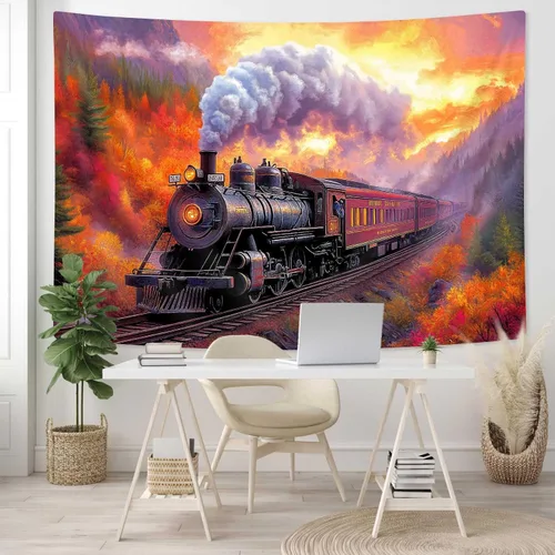 Vista 4 de Tapiz de Tren de Vapor, Tapices de Paisaje Otoñal de Tren de Motor Antiguo Decoración para Niños, Tapices de Arte de Acuarela de Bosque de Montaña