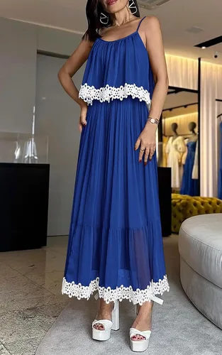 Vista 4 de NALANISA Vestido de verano bohemio para mujer, con lazo, tirantes delgados, acampanado, con volantes, para la playa