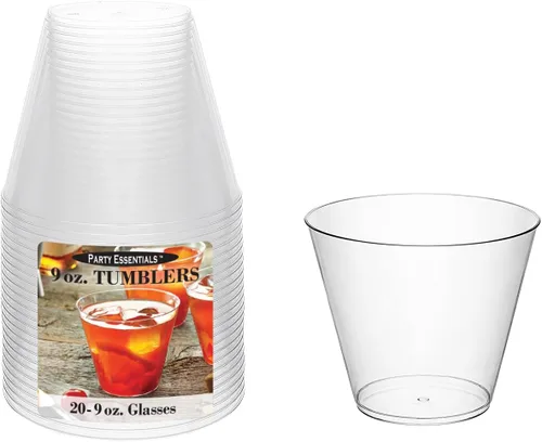 Vista 6 de Party Essentials Vasos desechables de 9 onzas para fiesta, vasos antiguos, vasos de cóctel, 20 unidades, plástico duro transparente
