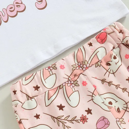 Vista 5 de Conjunto de ropa de verano con estampado de letras, sudadera con estampado de conejo, pantalones acampanados con diadema