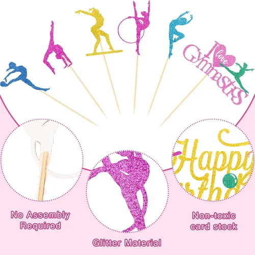 Vista 3 de 43 piezas de decoración de pasteles de gimnasia con purpurina para decoración de pasteles de gimnasia, decoraciones de fiesta de gimnasia, silueta
