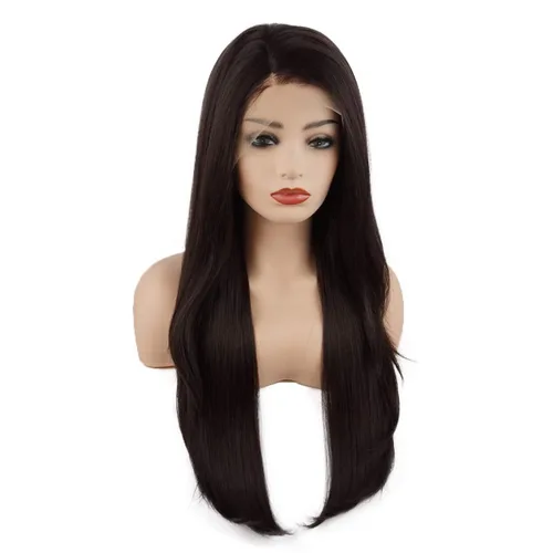 Vista 2 de Peluca de cabello liso largo de 24 pulgadas, castaño oscuro, densidad pesada, realista, resistente al calor, sintético con encaje frontal