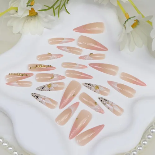Vista 7 de Uñas largas a presión con estampado de leopardo de aguja rosa y blanco, punta francesa, uñas postizas a presión con diseño de bolas de acero
