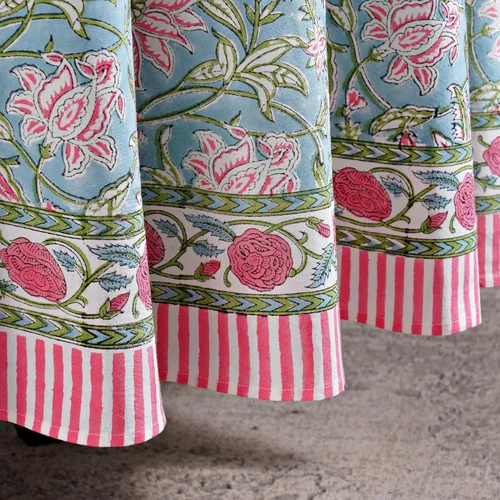 Vista 4 de Ridhi Mantel redondo con estampado de bloques a mano, color azul turquesa