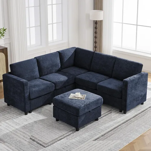 Vista 57 de WUTUTUEE Sofá seccional modular en forma de L de 83" con almacenamiento y otomano móvil, sofá convertible de 4 asientos reversible chaise de Beige