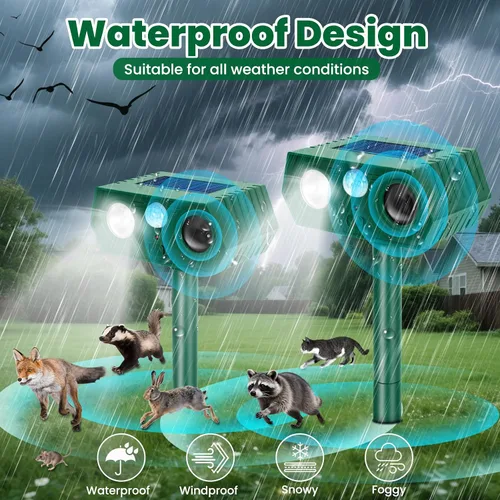 Vista 3 de Repelente solar ultrasónico de animales, paquete de 2 dispositivos ultrasónicos repelentes de ciervos con sensor de movimiento PIR y luces LED