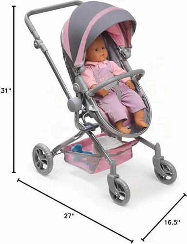 Vista 11 de Badger Basket cochecito plegable para muñecas con capazo - Juguete convertible con dosel, cesta y asa suave - Ligero, fácil de usar para niñas de 3